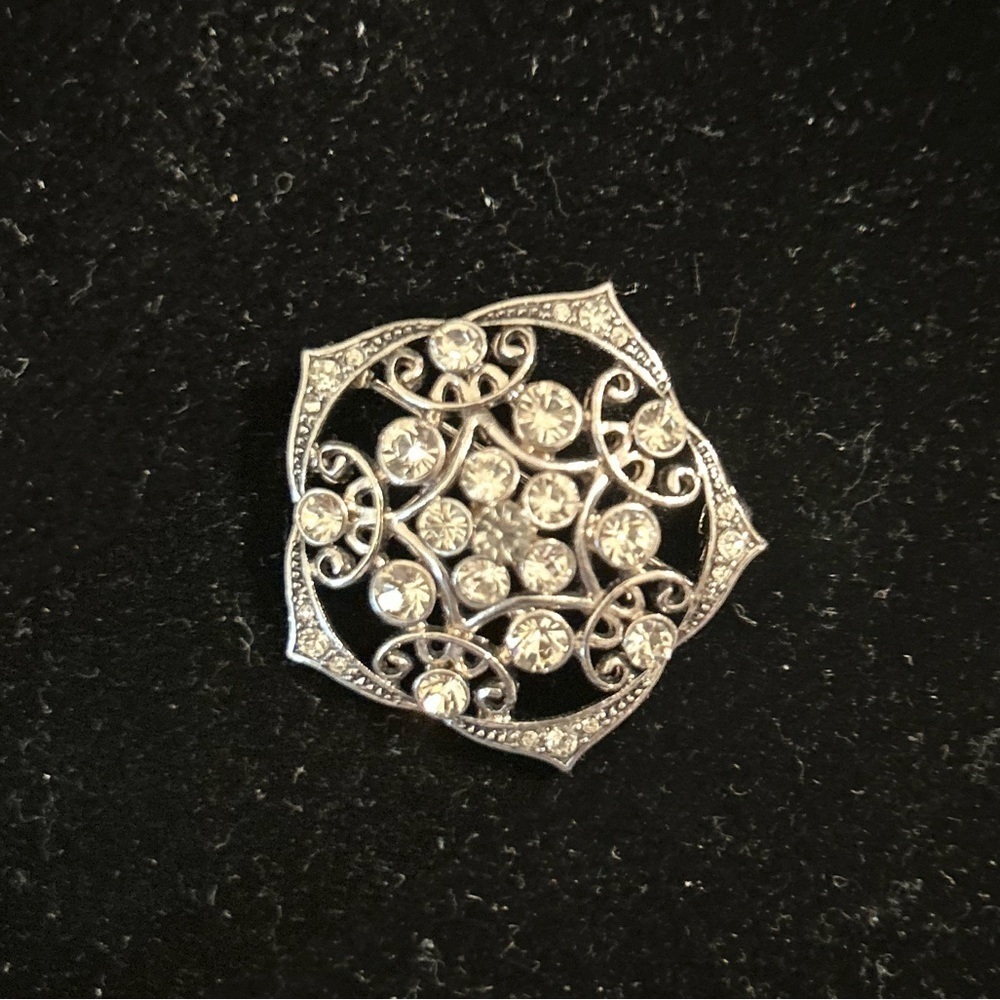 Vintage Monet Pentagon Silvertone Clear Rhinestone Brooch Pin
